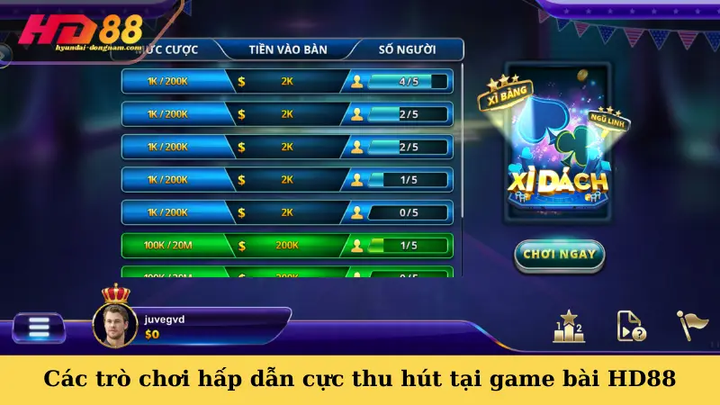 Các trò chơi hấp dẫn cực thu hút tại game bài HD88